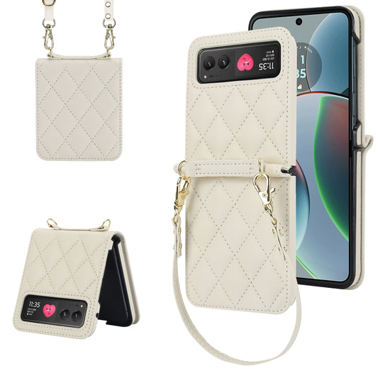 For Motorola Razr 40 Rhombic Texture Phone Case with Long & Short Lanyard(White) - Motorola Cases by PMC Jewellery | Online Shopping South Africa | PMC Jewellery