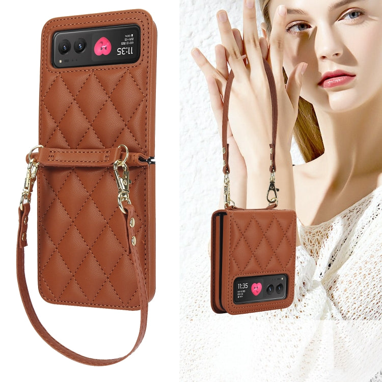 For Motorola Razr 40 Rhombic Texture Phone Case with Long & Short Lanyard(Brown) - Motorola Cases by PMC TechLife | Online Shopping South Africa | PMC TechLife | Buy Now Pay Later Mobicred