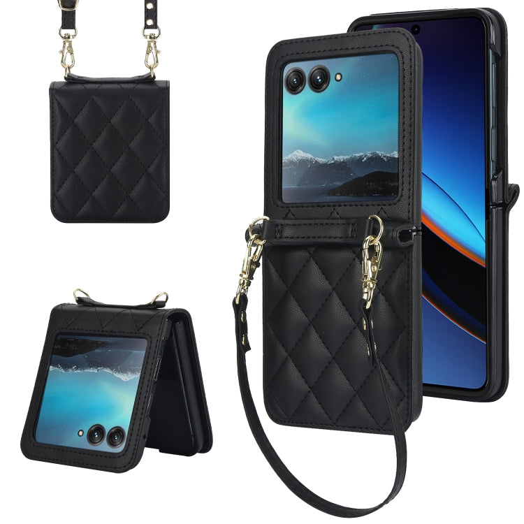 For Motorola Razr 40 Ultra Rhombic Texture Phone Case with Long & Short Lanyard(Black) - Motorola Cases by PMC TechLife | Online Shopping South Africa | PMC TechLife | Buy Now Pay Later Mobicred
