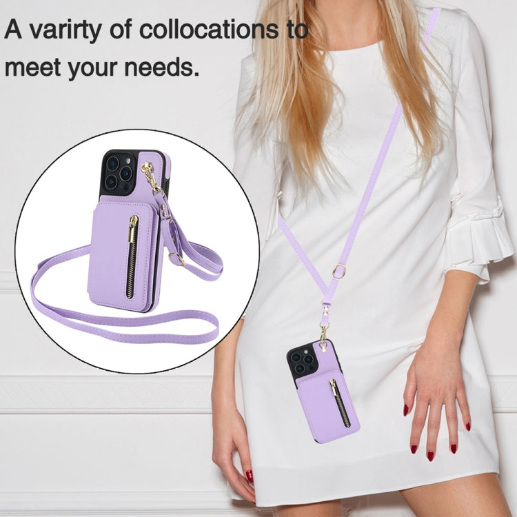 For iPhone 16 Pro Max YM006 Skin Feel Zipper Card Bag Phone Case with Dual Lanyard(Light Purple) - iPhone 16 Pro Max Cases by PMC Jewellery | Online Shopping South Africa | PMC Jewellery | Buy Now Pay Later Mobicred