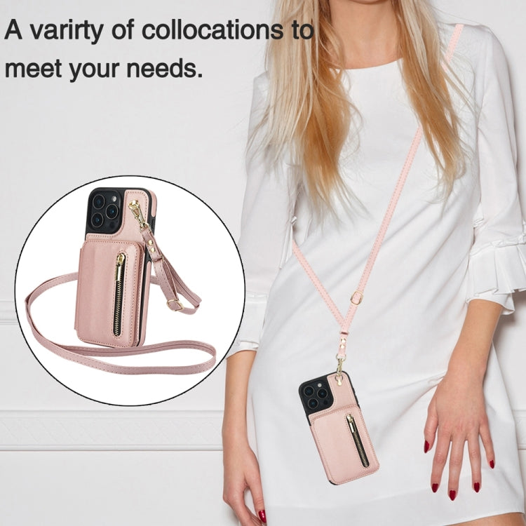 For iPhone 16 Pro YM006 Skin Feel Zipper Card Bag Phone Case with Dual Lanyard(Rose Gold) - iPhone 16 Pro Cases by PMC Jewellery | Online Shopping South Africa | PMC Jewellery | Buy Now Pay Later Mobicred