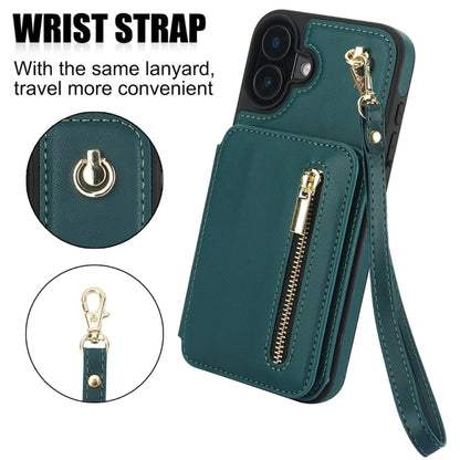 For iPhone 16 Plus YM006 Skin Feel Zipper Card Bag Phone Case with Dual Lanyard(Green) - iPhone 16 Plus Cases by PMC Jewellery | Online Shopping South Africa | PMC Jewellery | Buy Now Pay Later Mobicred