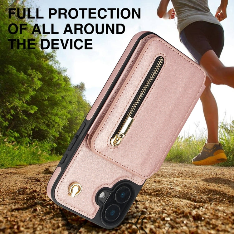 For iPhone 16 YM006 Skin Feel Zipper Card Bag Phone Case with Dual Lanyard(Rose Gold) - iPhone 16 Cases by PMC Jewellery | Online Shopping South Africa | PMC Jewellery | Buy Now Pay Later Mobicred