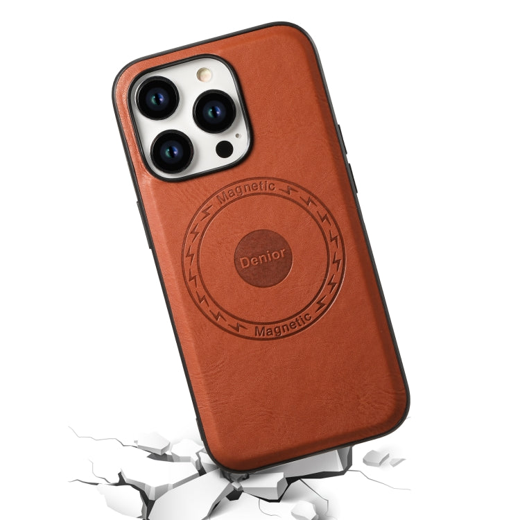For iPhone 15 Plus Denior Cowhide Texture Leather MagSafe Phone Case(Brown) - iPhone 15 Plus Cases by Denior | Online Shopping South Africa | PMC TechLife | Buy Now Pay Later Mobicred