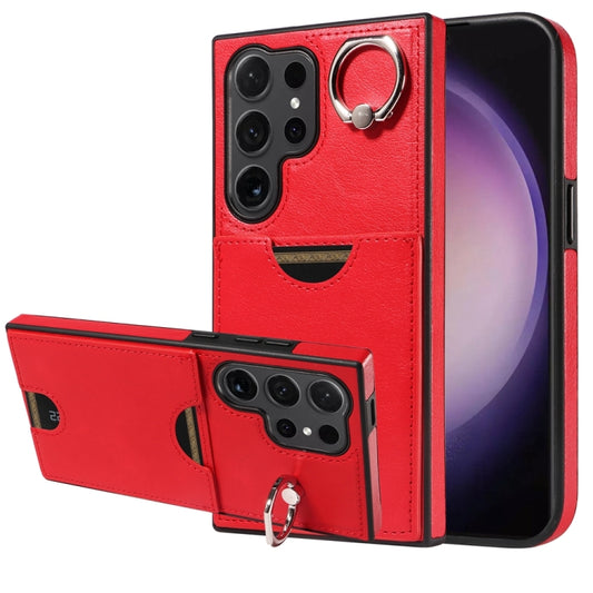 For Samsung Galaxy S24 Ultra 5G Calf Texture Card Slot Ring Holder Phone Case(Red) - Galaxy S24 Ultra 5G Tempered Glass by PMC Jewellery | Online Shopping South Africa | PMC Jewellery