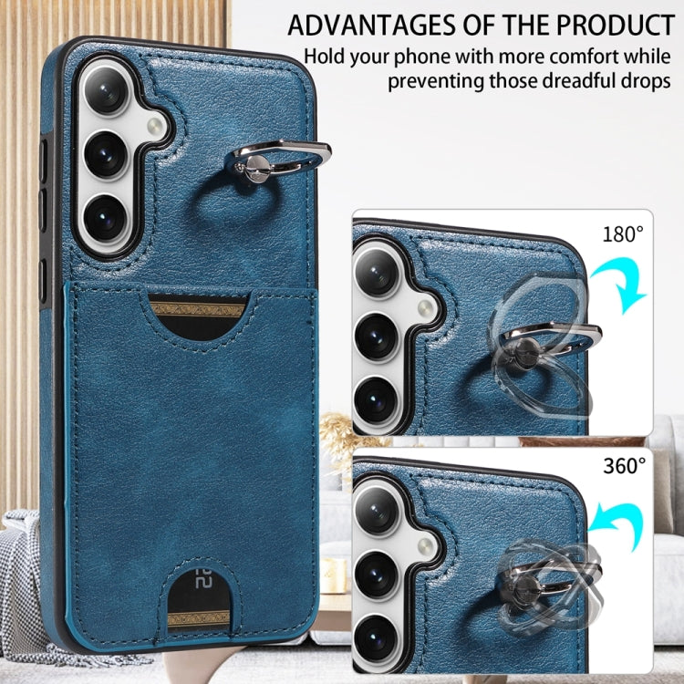 For Samsung Galaxy S24+ 5G Calf Texture Card Slot Ring Holder Phone Case(Blue) - Galaxy S24+ 5G Cases by PMC Jewellery | Online Shopping South Africa | PMC Jewellery