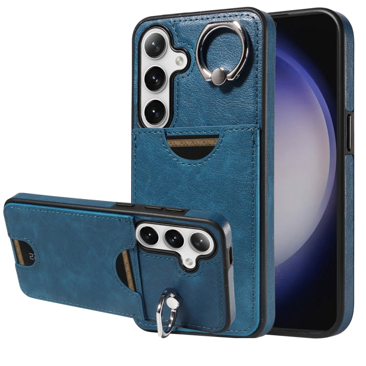 For Samsung Galaxy S24 5G Calf Texture Card Slot Ring Holder Phone Case(Blue) - Galaxy S24 5G Cases by PMC Jewellery | Online Shopping South Africa | PMC Jewellery