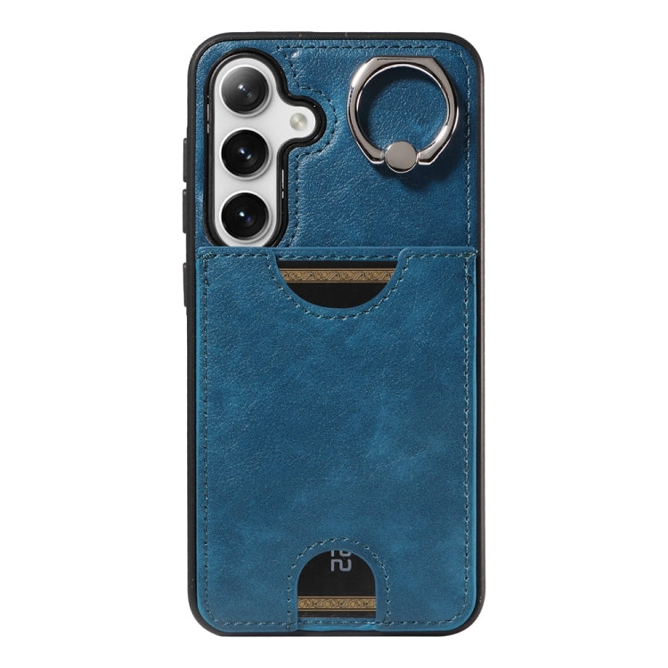 For Samsung Galaxy S24 5G Calf Texture Card Slot Ring Holder Phone Case(Blue) - Galaxy S24 5G Cases by PMC Jewellery | Online Shopping South Africa | PMC Jewellery