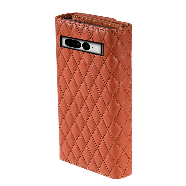 For Google Pixel 7 Zipper Multi-Card Wallet Rhombic Leather Phone Case(Brown) - Google Cases by PMC TechLife | Online Shopping South Africa | PMC TechLife | Buy Now Pay Later Mobicred