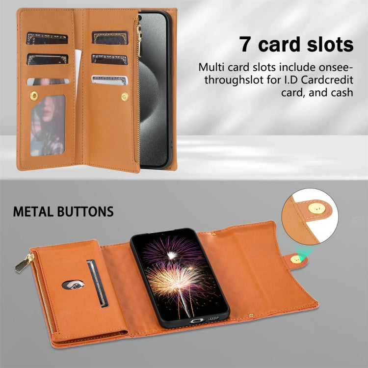 For Google Pixel 7 Zipper Multi-Card Wallet Rhombic Leather Phone Case(Brown) - Google Cases by PMC TechLife | Online Shopping South Africa | PMC TechLife | Buy Now Pay Later Mobicred