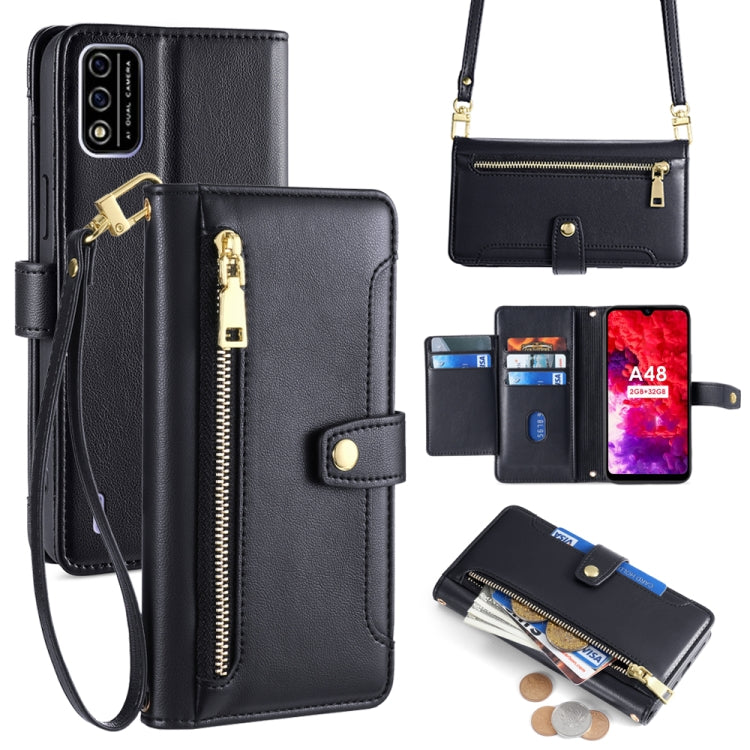 For Itel A48 Sheep Texture Cross-body Zipper Wallet Leather Phone Case(Black) - More Brand by PMC TechLife | Online Shopping South Africa | PMC TechLife | Buy Now Pay Later Mobicred