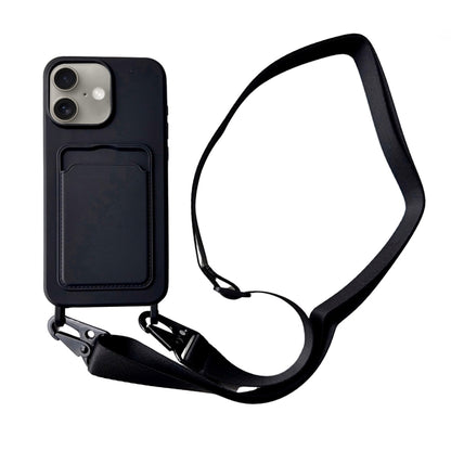 For iPhone 16 Card Slot Liquid Silicone Phone Case with Lanyard(Black) - iPhone 16 Cases by PMC Jewellery | Online Shopping South Africa | PMC Jewellery | Buy Now Pay Later Mobicred