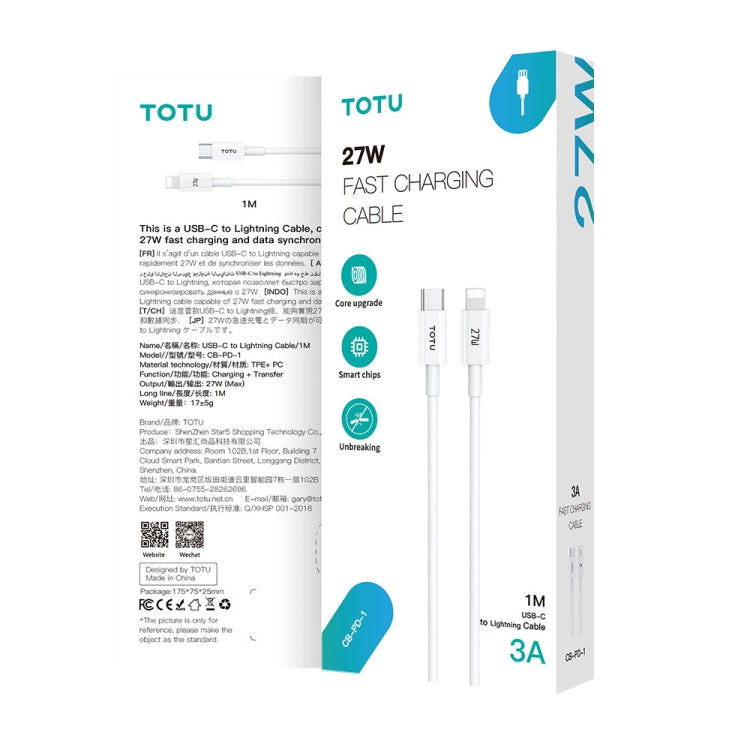 TOTU CB-1-PD 27W USB-C/Type-C to 8 Pin Data Cable, Length: 1m(White) - 2 in 1 Cable by TOTUDESIGN | Online Shopping South Africa | PMC Jewellery | Buy Now Pay Later Mobicred