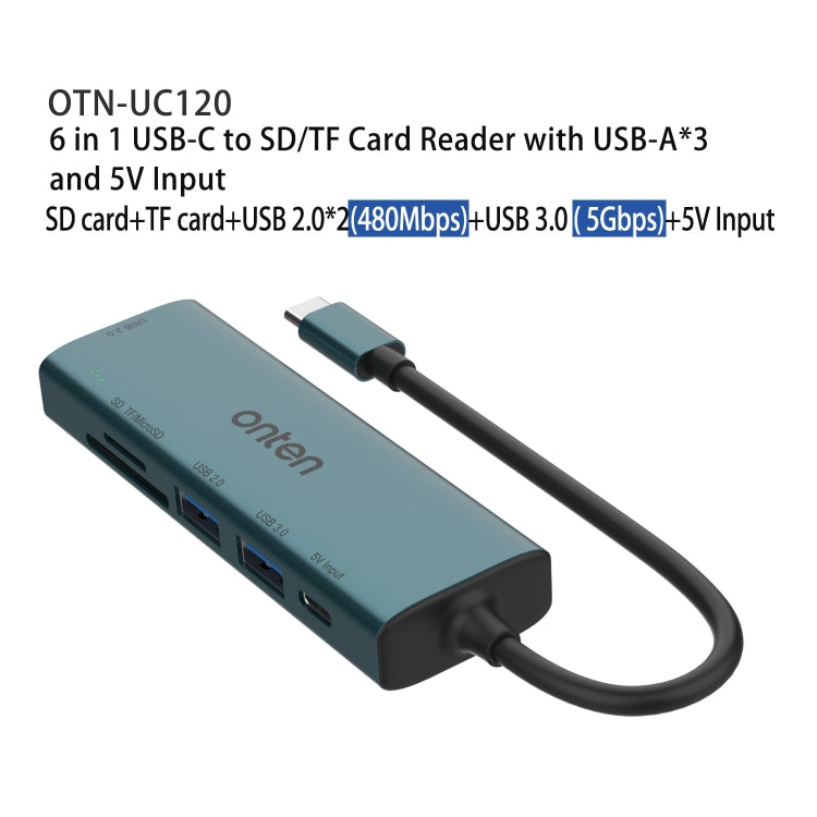 Onten UC120 6 in 1 USB-C to SD / TF Card Reader with 3-Ports USB HUB & 5V Input - USB HUB by Onten | Online Shopping South Africa | PMC Jewellery | Buy Now Pay Later Mobicred