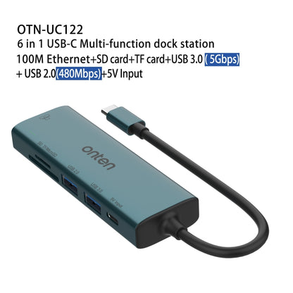 Onten UC122 6 in 1 USB-C / Type-C to SD + TF Card + USB 3.0 HUB with 5V Input & 100Mbps Network Card - USB HUB by Onten | Online Shopping South Africa | PMC Jewellery | Buy Now Pay Later Mobicred