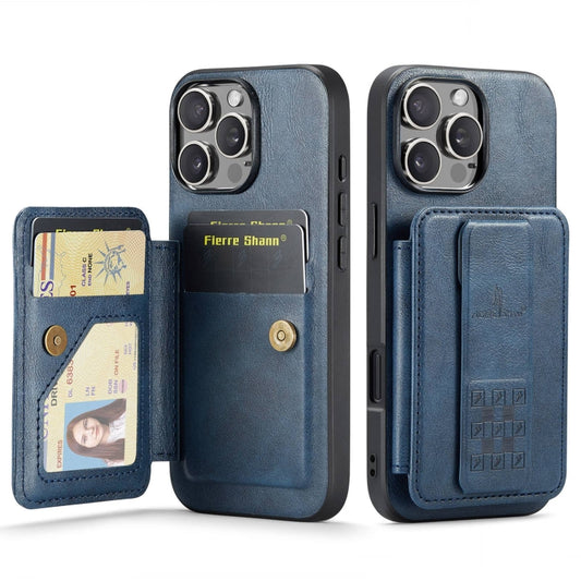 For iPhone 16 Pro Fierre Shann Oil Wax Cow Leather Card Holder Back Phone Case(Blue) - iPhone 16 Pro Cases by FIERRE SHANN | Online Shopping South Africa | PMC Jewellery | Buy Now Pay Later Mobicred