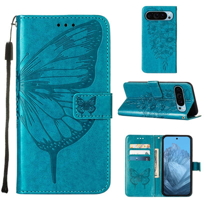 For Google Pixel 9 Embossed Butterfly Leather Phone Case(Blue) - Google Cases by PMC Jewellery | Online Shopping South Africa | PMC Jewellery | Buy Now Pay Later Mobicred