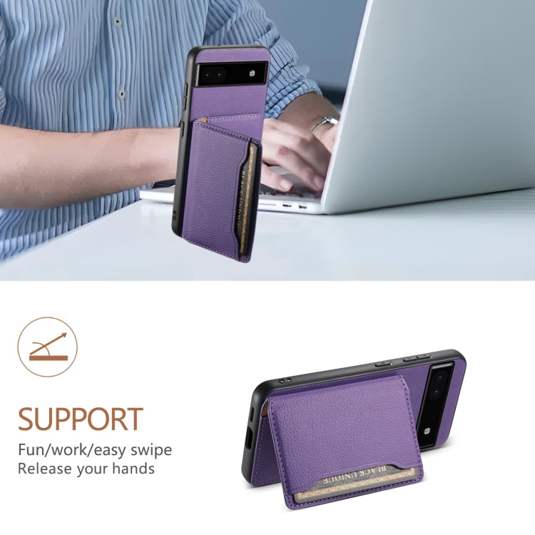 For Google Pixel 6a Calf Texture Card Bag Design Full Coverage Phone Case(Purple) - Google Cases by PMC TechLife | Online Shopping South Africa | PMC TechLife | Buy Now Pay Later Mobicred