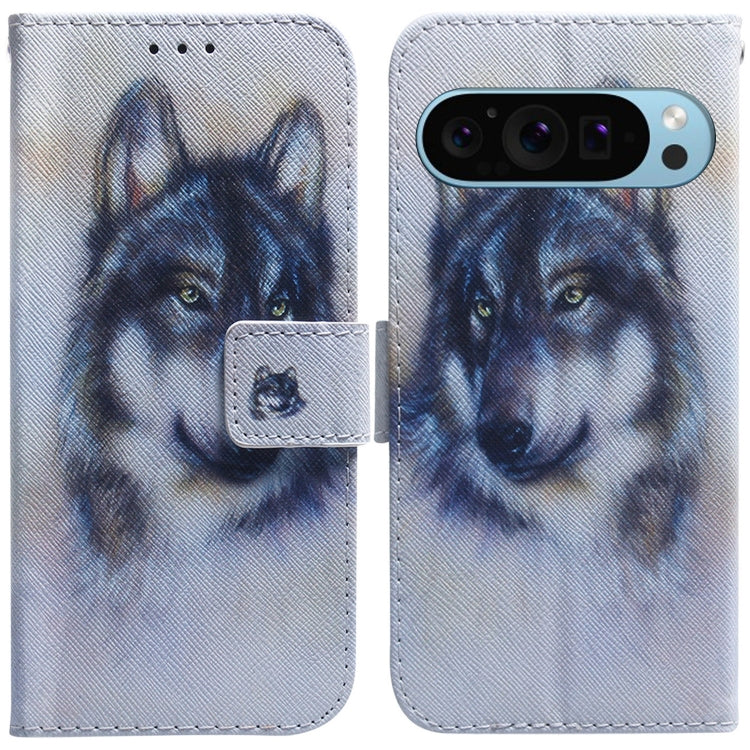 For Google Pixel 9 Coloured Drawing Flip Leather Phone Case(White Wolf) - Google Cases by PMC TechLife | Online Shopping South Africa | PMC TechLife | Buy Now Pay Later Mobicred