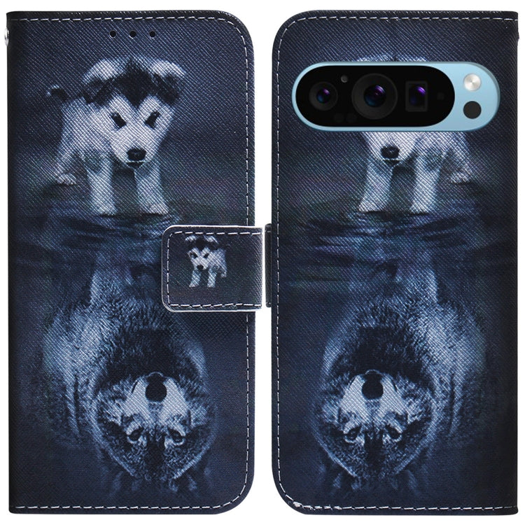 For Google Pixel 9 Coloured Drawing Flip Leather Phone Case(Wolf and Dog) - Google Cases by PMC Jewellery | Online Shopping South Africa | PMC Jewellery | Buy Now Pay Later Mobicred