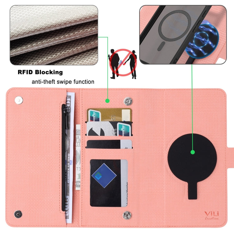 For Google Pixel 8 Pro ViLi GHB Series MagSafe Magnetic Zipper Leather Phone Case(Pink) - Google Cases by ViLi | Online Shopping South Africa | PMC Jewellery | Buy Now Pay Later Mobicred