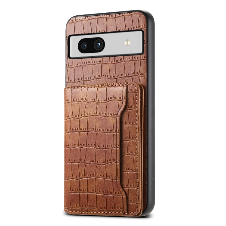 For Google Pixel 7a Crocodile Texture Card Bag Design Full Coverage Phone Case(Brown) - Google Cases by PMC TechLife | Online Shopping South Africa | PMC TechLife | Buy Now Pay Later Mobicred