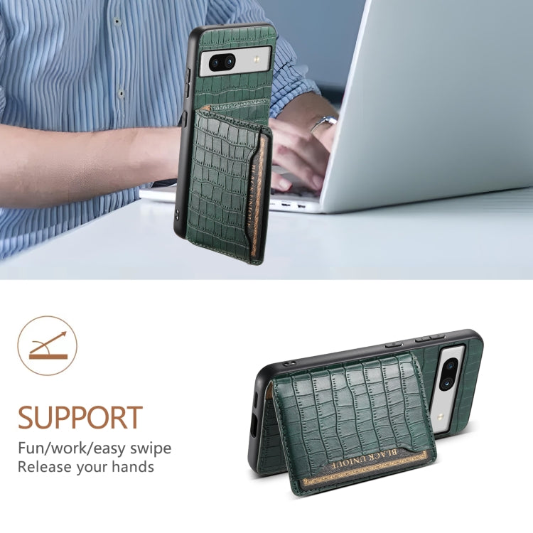 For Google Pixel 7a Crocodile Texture Card Bag Design Full Coverage Phone Case(Green) - Google Cases by PMC TechLife | Online Shopping South Africa | PMC TechLife | Buy Now Pay Later Mobicred