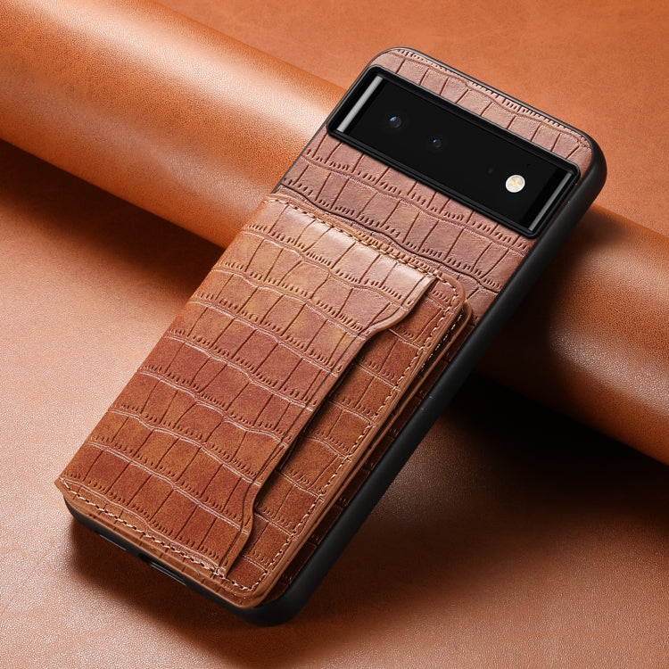 For Google Pixel 6 Crocodile Texture Card Bag Design Full Coverage Phone Case(Brown) - Google Cases by PMC Jewellery | Online Shopping South Africa | PMC Jewellery | Buy Now Pay Later Mobicred