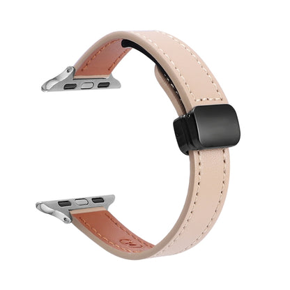 For Apple Watch Ultra 2 49mm Slim Magnetic Buckle Genuine Leather Watch Band(Plain Apricot) - Watch Bands by PMC Jewellery | Online Shopping South Africa | PMC Jewellery