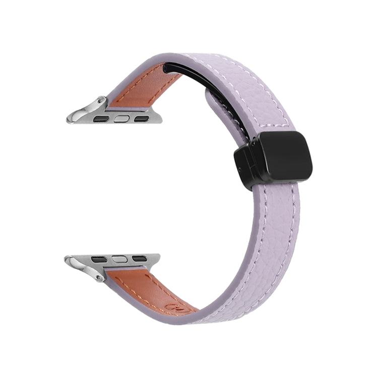 For Apple Watch Ultra 49mm Slim Magnetic Buckle Genuine Leather Watch Band(Litchi Lavender) - Watch Bands by PMC Jewellery | Online Shopping South Africa | PMC Jewellery