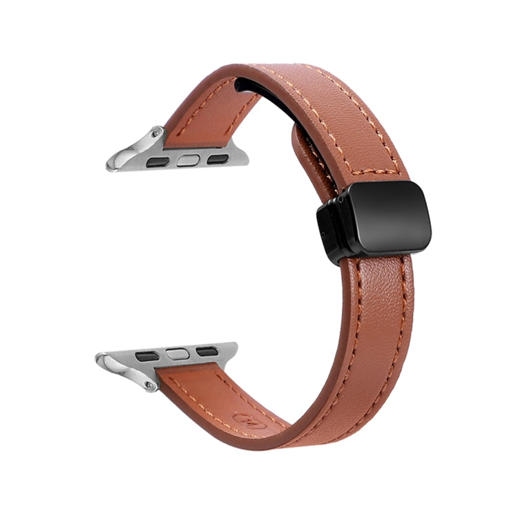 For Apple Watch SE 2022 40mm Slim Magnetic Buckle Genuine Leather Watch Band(Plain Brown) - Watch Bands by PMC Jewellery | Online Shopping South Africa | PMC Jewellery