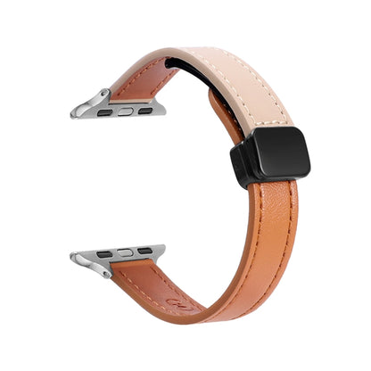 For Apple Watch Series 6 44mm Slim Magnetic Buckle Genuine Leather Watch Band(Plain Orange Apricot) - Watch Bands by PMC Jewellery | Online Shopping South Africa | PMC Jewellery