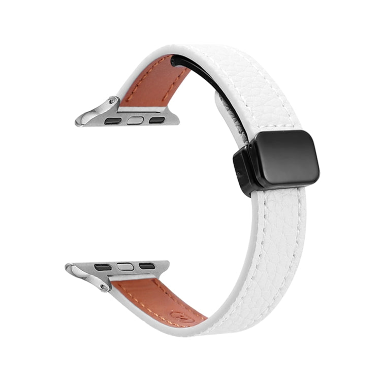 For Apple Watch Series 5 44mm Slim Magnetic Buckle Genuine Leather Watch Band(Litchi Beige) - Watch Bands by PMC Jewellery | Online Shopping South Africa | PMC Jewellery