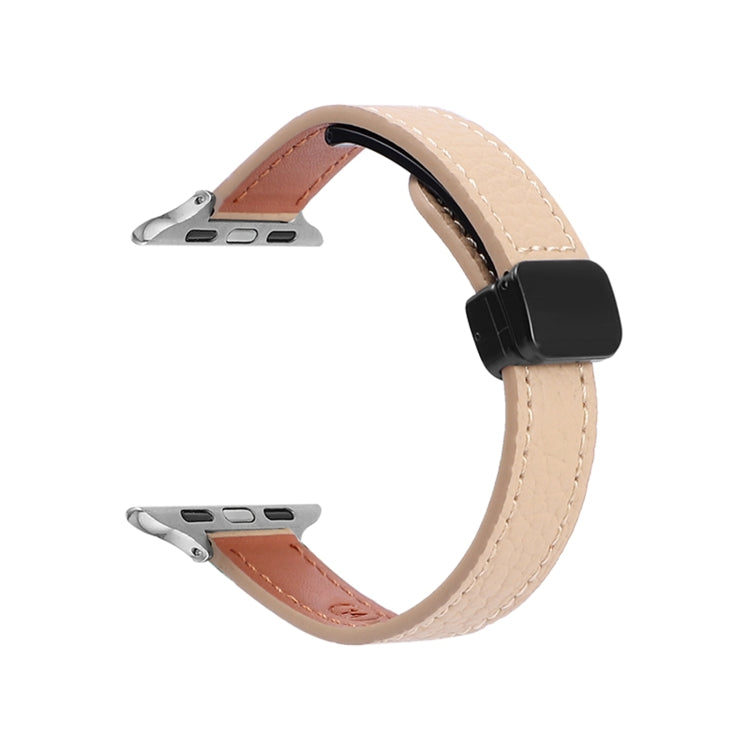 For Apple Watch 42mm Slim Magnetic Buckle Genuine Leather Watch Band(Litchi Apricot) - Watch Bands by PMC Jewellery | Online Shopping South Africa | PMC Jewellery