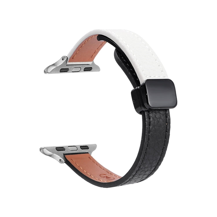 For Apple Watch 42mm Slim Magnetic Buckle Genuine Leather Watch Band(Litchi Black Beige) - Watch Bands by PMC Jewellery | Online Shopping South Africa | PMC Jewellery