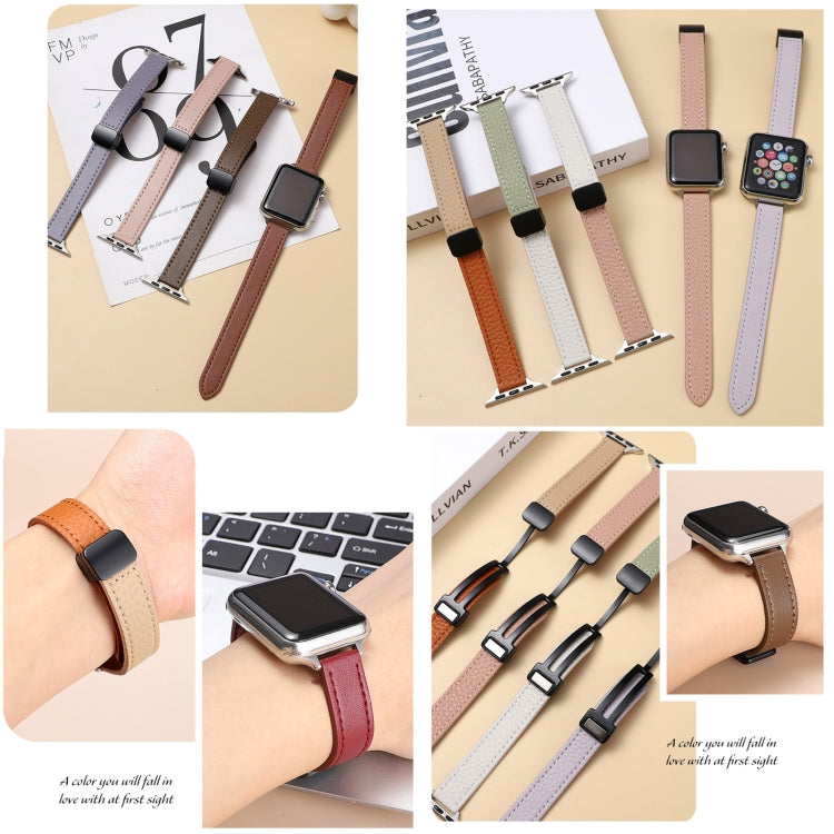 For Apple Watch Series 2 42mm Slim Magnetic Buckle Genuine Leather Watch Band(Plain Beige Pink) - Watch Bands by PMC Jewellery | Online Shopping South Africa | PMC Jewellery