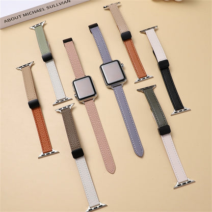 For Apple Watch 38mm Slim Magnetic Buckle Genuine Leather Watch Band(Litchi Black Beige) - Watch Bands by PMC Jewellery | Online Shopping South Africa | PMC Jewellery