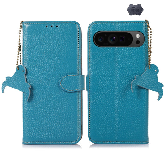 For Google Pixel 9 Pro Genuine Leather Litchi Texture RFID Leather Phone Case(Blue) - Google Cases by PMC Jewellery | Online Shopping South Africa | PMC Jewellery | Buy Now Pay Later Mobicred