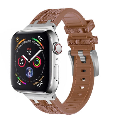 For Apple Watch Series 9 45mm Crocodile Texture Liquid Silicone Watch Band(Silver Yellow Brown) - Watch Bands by PMC Jewellery | Online Shopping South Africa | PMC Jewellery