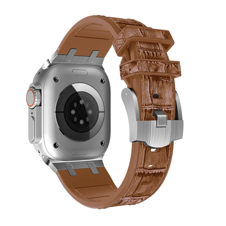For Apple Watch 42mm Crocodile Texture Liquid Silicone Watch Band(Silver Yellow Brown) - Watch Bands by PMC TechLife | Online Shopping South Africa | PMC TechLife