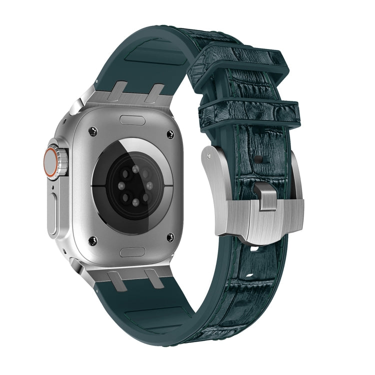 For Apple Watch 38mm Crocodile Texture Liquid Silicone Watch Band(Silver Deep Green) - Watch Bands by PMC TechLife | Online Shopping South Africa | PMC TechLife