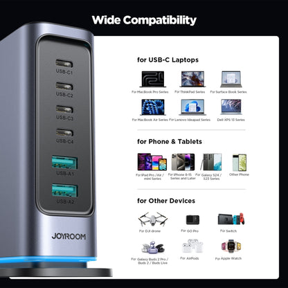 JOYROOM JR-TCM02 6 in 1 65W GaN 4 USB-C & 2 USB-A Multi-port Charger, Power Plug:UK Plug(Dark Gray) - Multifunction Charger by JOYROOM | Online Shopping South Africa | PMC Jewellery | Buy Now Pay Later Mobicred