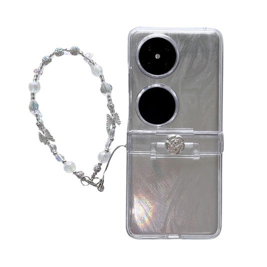 For Huawei P50 Pocket Skin Feel PC Feather Gauze Glitter Paper Camellia Phone Case with Bracelet(Transparent) - Huawei Cases by PMC Jewellery | Online Shopping South Africa | PMC Jewellery | Buy Now Pay Later Mobicred