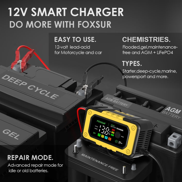 FOXSUR 7A 12V Car / Motorcycle Smart Battery Charger, Plug Type:US Plug(Yellow) - Battery Charger by FOXSUR | Online Shopping South Africa | PMC Jewellery | Buy Now Pay Later Mobicred