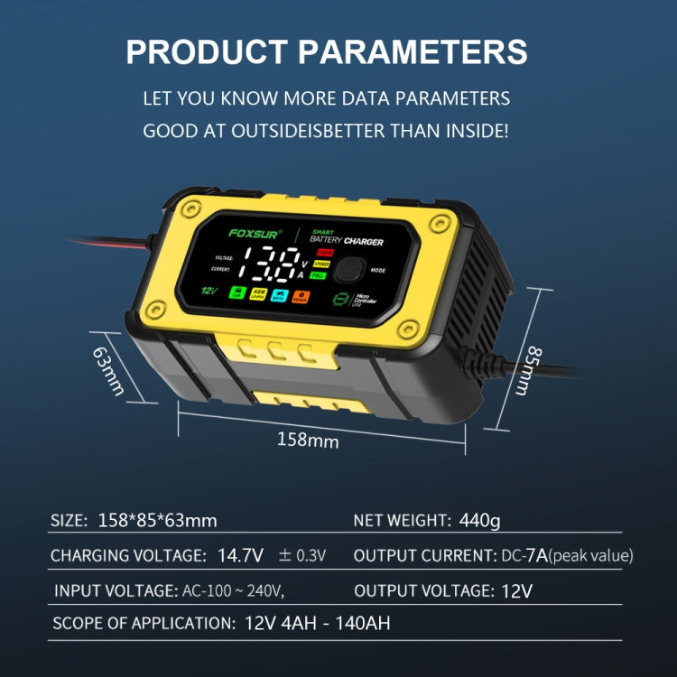 FOXSUR 7A 12V Car / Motorcycle Smart Battery Charger, Plug Type:UK Plug(Yellow) - Battery Charger by FOXSUR | Online Shopping South Africa | PMC TechLife | Buy Now Pay Later Mobicred