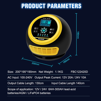 FOXSUR 20A 12V 24V Car / Motorcycle Smart Battery Charger, Plug Type:UK Plug(Yellow) - Battery Charger by FOXSUR | Online Shopping South Africa | PMC Jewellery | Buy Now Pay Later Mobicred