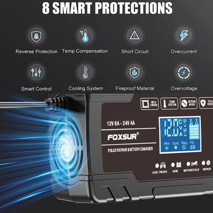 FOXSUR 8A 12V 24V Car / Motorcycle Smart Battery Charger, Plug Type:EU Plug(Black) - Battery Charger by FOXSUR | Online Shopping South Africa | PMC Jewellery | Buy Now Pay Later Mobicred