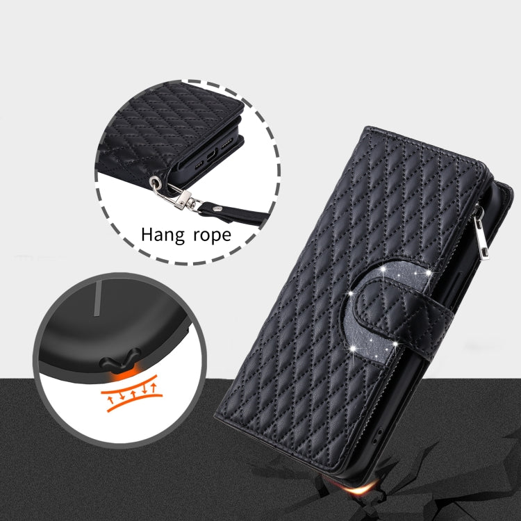 For iPhone 16 Pro Glitter Lattice Zipper Wallet Leather Phone Case(Black) - iPhone 16 Pro Cases by PMC TechLife | Online Shopping South Africa | PMC TechLife | Buy Now Pay Later Mobicred