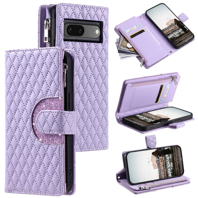 For Google Pixel 7 5G Glitter Lattice Zipper Wallet Leather Phone Case(Purple) - Google Cases by PMC Jewellery | Online Shopping South Africa | PMC Jewellery | Buy Now Pay Later Mobicred