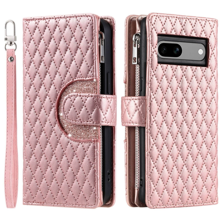 For Google Pixel 7a Glitter Lattice Zipper Wallet Leather Phone Case(Rose Gold) - Google Cases by PMC Jewellery | Online Shopping South Africa | PMC Jewellery | Buy Now Pay Later Mobicred